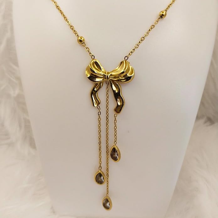 Vunm Elegant Golden Bow Pendant Necklace